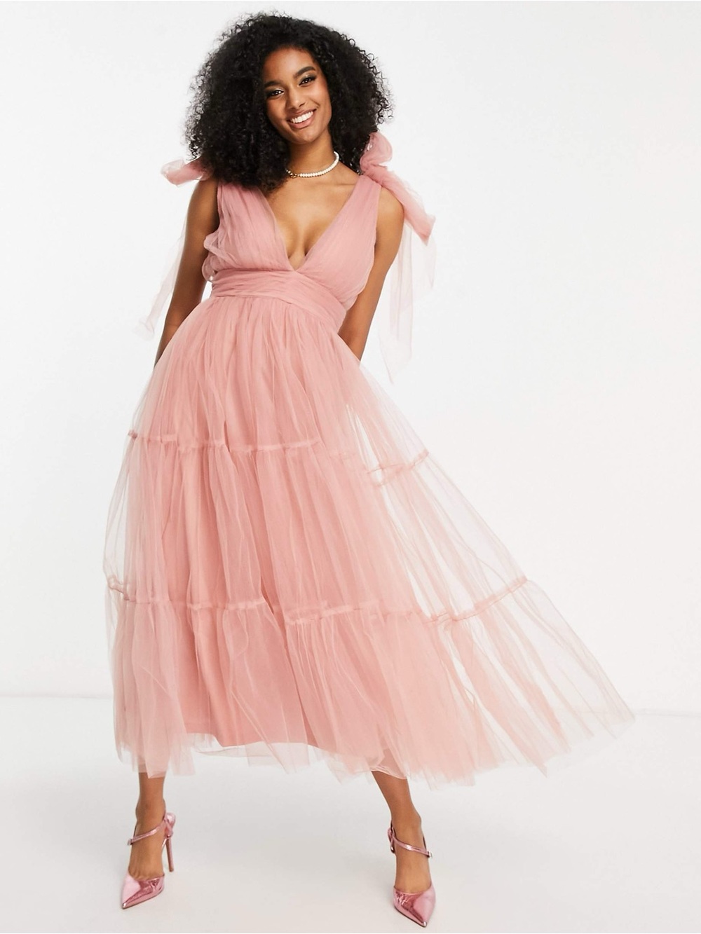 ASOS Blush Pink Tiered Tulle Maxi Dress with Tie Shoulders
